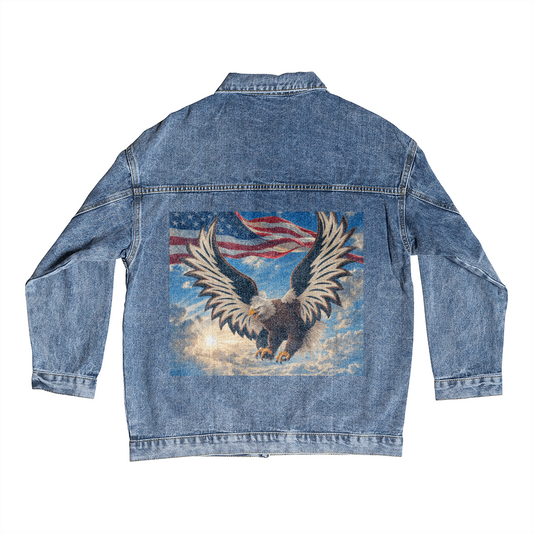 My Dad is Proud to be a USA with his Denim Jacket and the image of the flag and the American Eagle